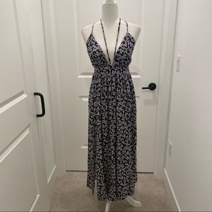 Blush BJ Navy Blue and cream floral strappy maxi dress with slits